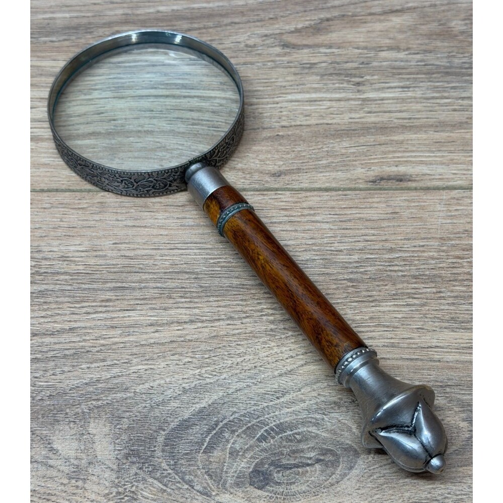 Vintage Ornate Magnifying Glass Walnut Handle Engraved Metal Rim Floral